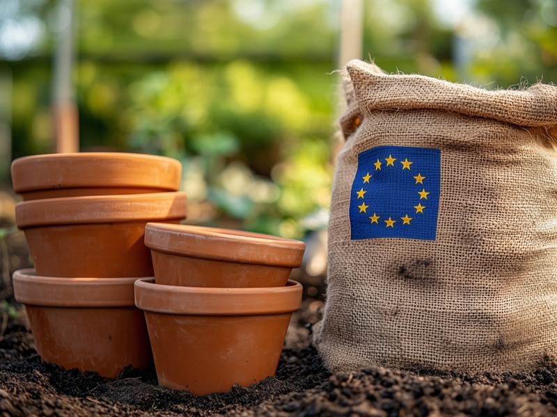 LES23-27 - Aufruf 24-04
Leere Pflanztöpfe in einem Garten mit einem Sack Gartenerde